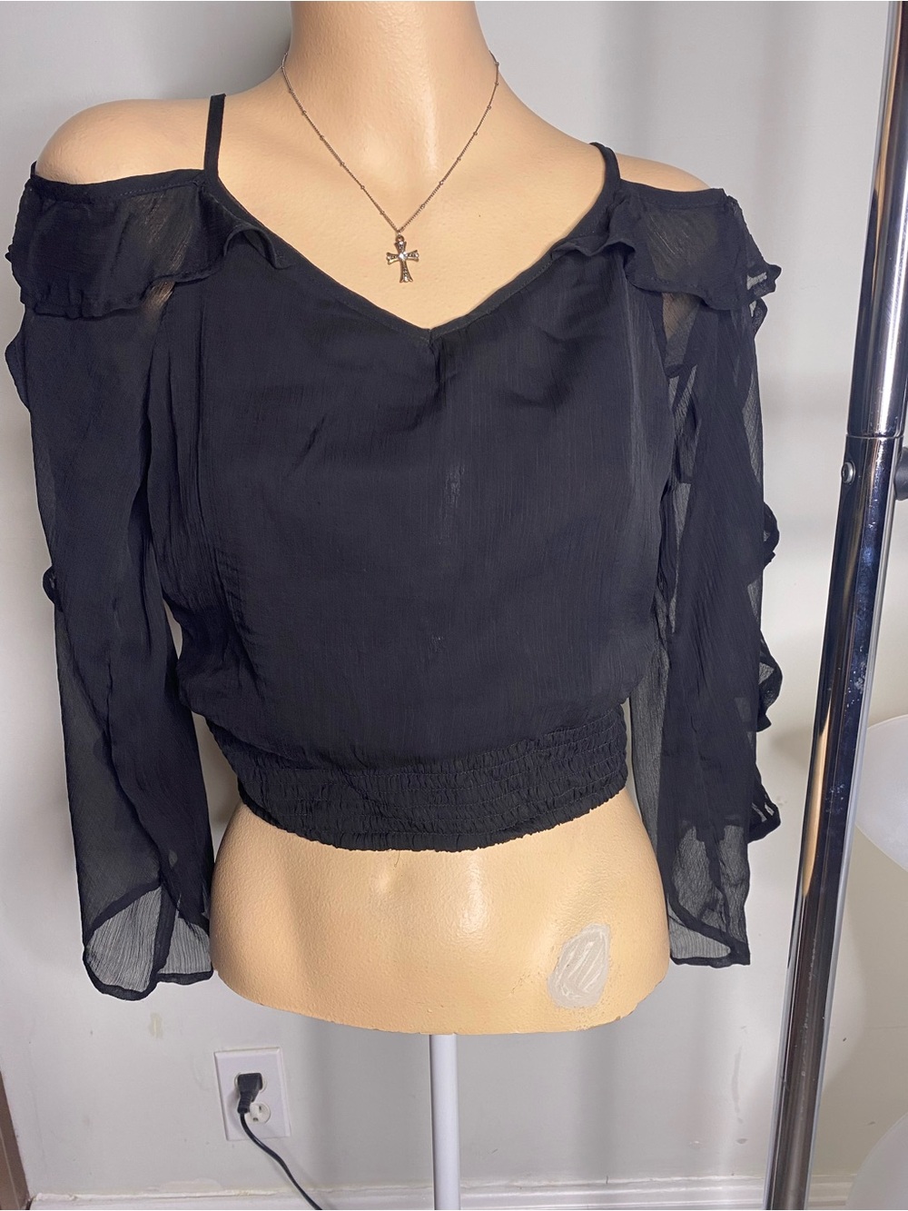 Off-Shoulder Black Smocked Hem Crop Top